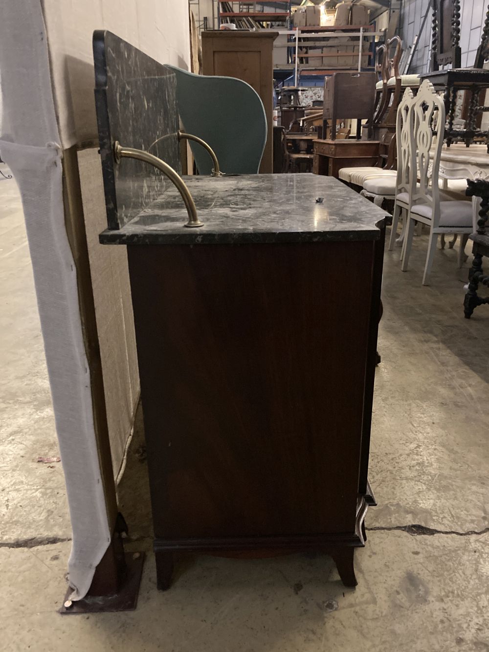 An Edwardian satinwood banded mahogany marble top washstand, width 99cm, depth 52cm, height 106cm